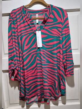 Dear Scarlett Zebra Print Blouse Pink & Teal Roll Tab Sleeve XL NWT